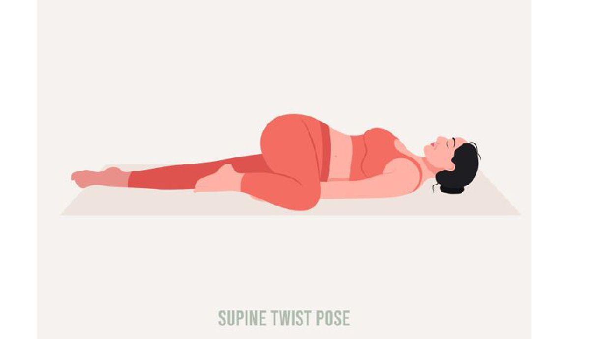 Postura de la media torsión tumbada Yoga para la menstruación Postura de la media torsión tumbada Yoga para la menstruación